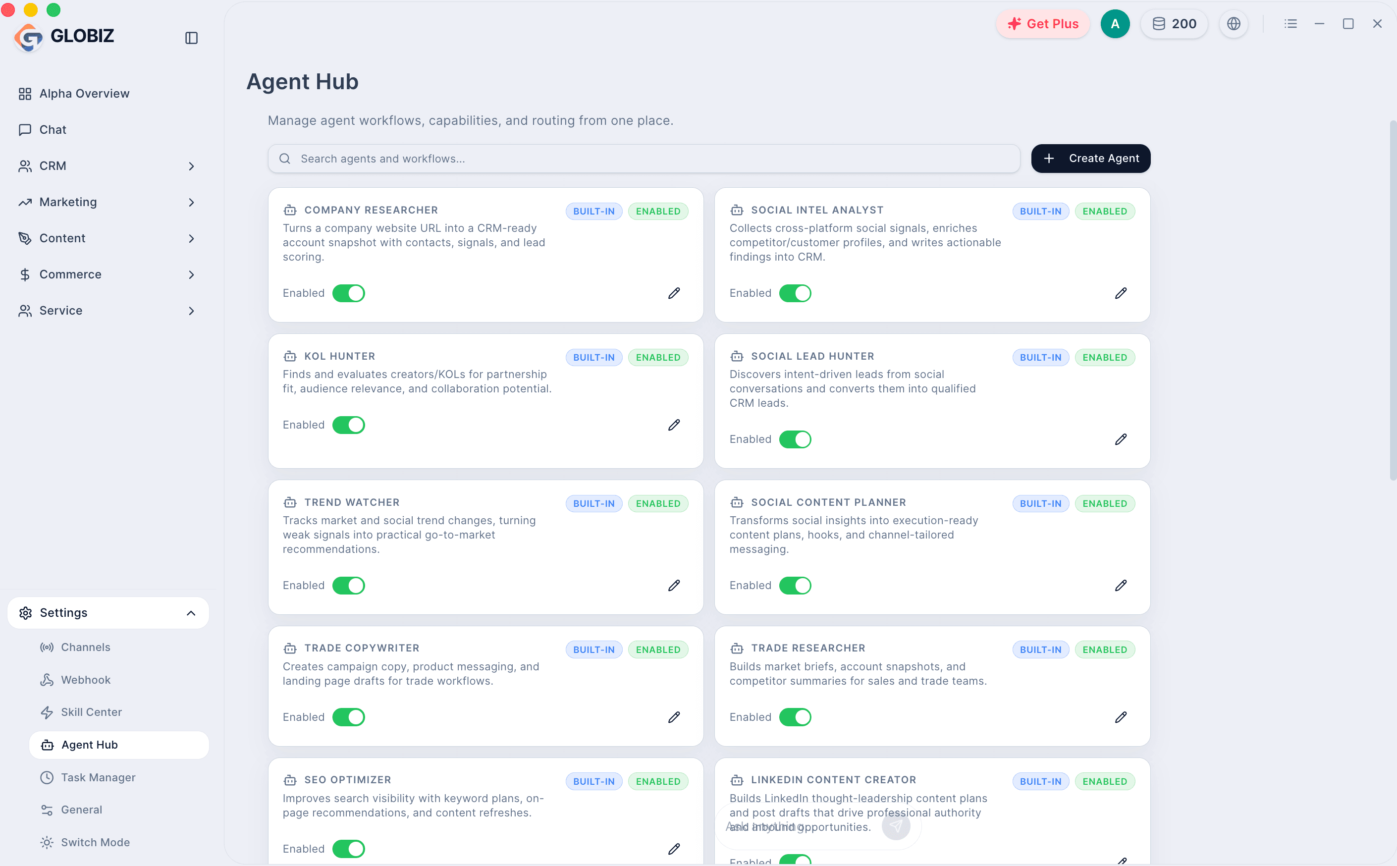 GlobizWork agent hub screen