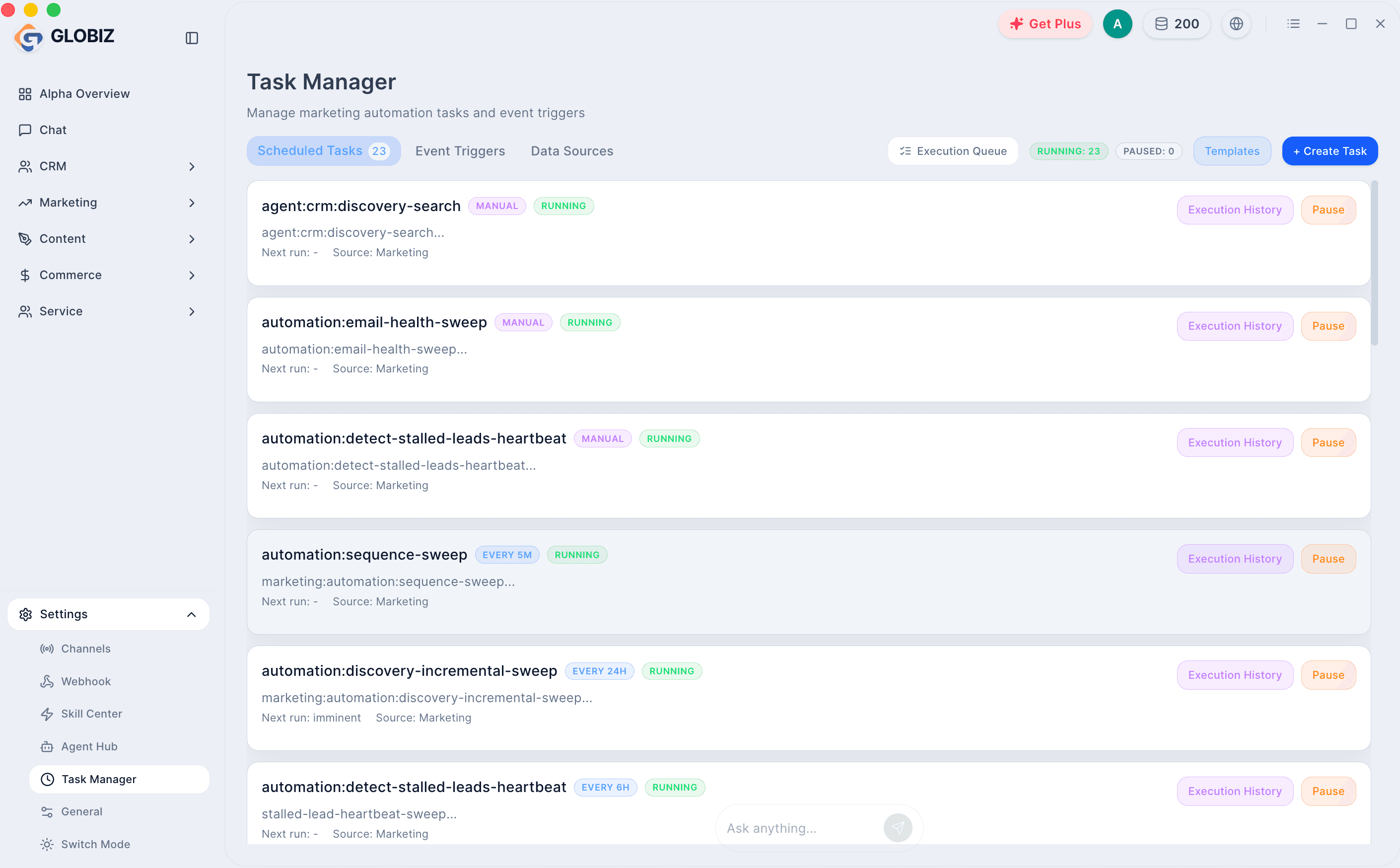 GlobizWork task manager screen